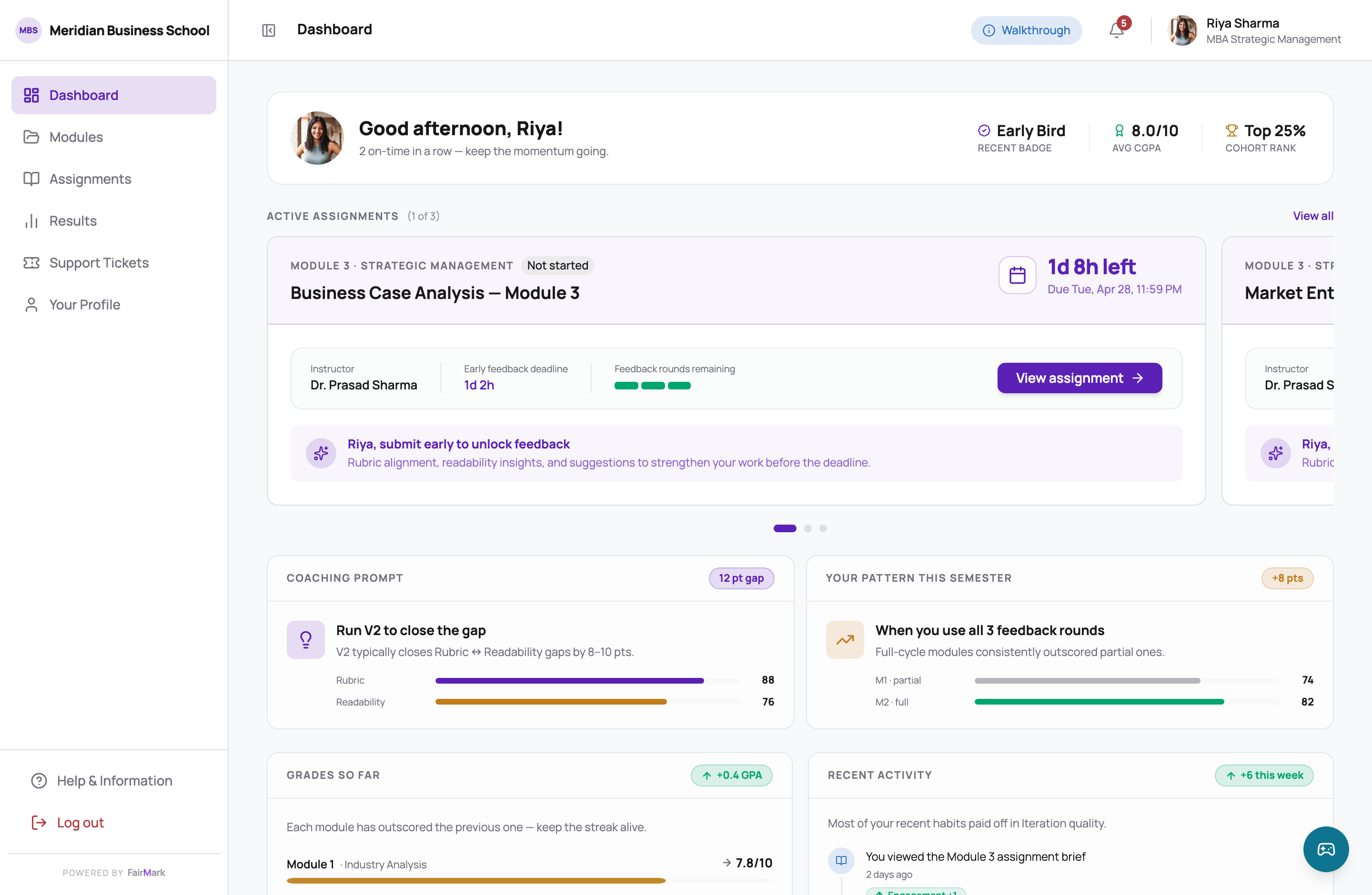 The student dashboard. One assignment card carries the state, the deadline countdown, the separate early-feedback countdown, and three remaining feedback rounds shown as segments.