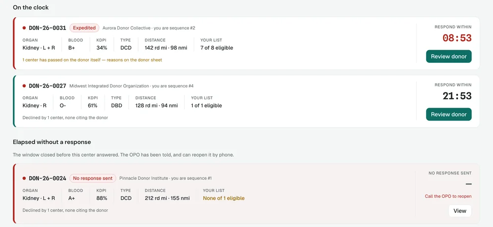 LifeRelay, my NDA-safe rebuild: a transplant centre’s offer inbox. Two open organ offers each carry a countdown to respond — the first at eight minutes fifty-three seconds, in red — and below them, under the heading “Elapsed without a response”, a third offer whose window closed with no response sent.